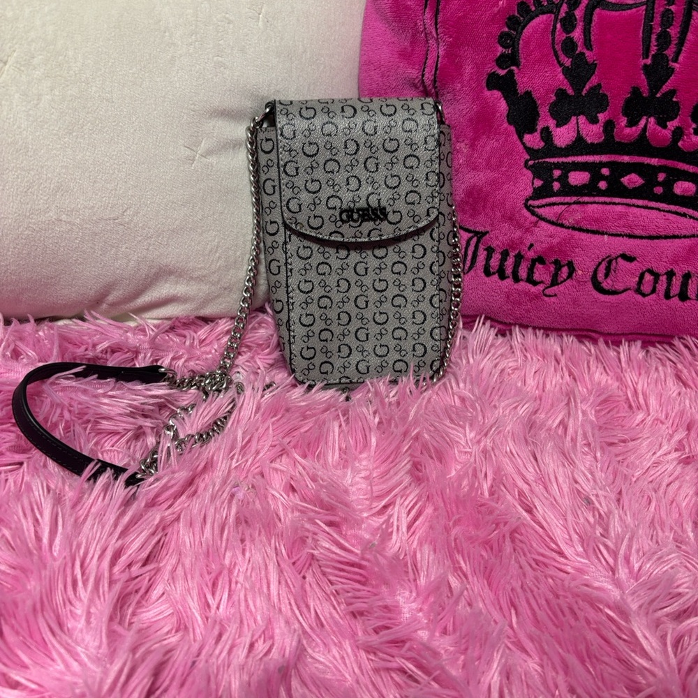 Guess Gray Monogram Crossbody Phone Pouch with Chain Strap
